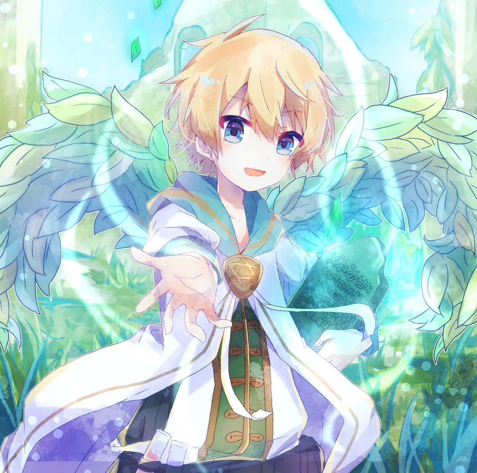 Emerald Tablet 通常盤ジャケット：翼をひろげた天使が石板を差し出すイラスト